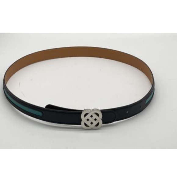 Hermes Women\'s Navy/Teal Pebbled Leather Thin Belt w/ Interlocking-H Symbol